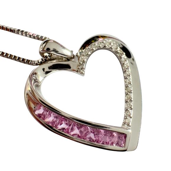 Pink & White Heart Necklace with Lab Created Sapphires - Sterling Silver - Picture 4 of 14